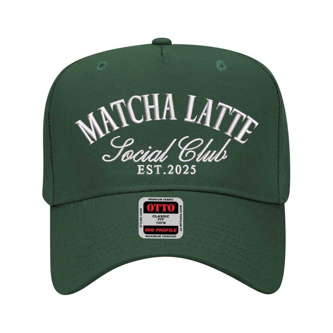 Embroidered Matcha Latte Social Club snapback hat with green brim and adjustable fit