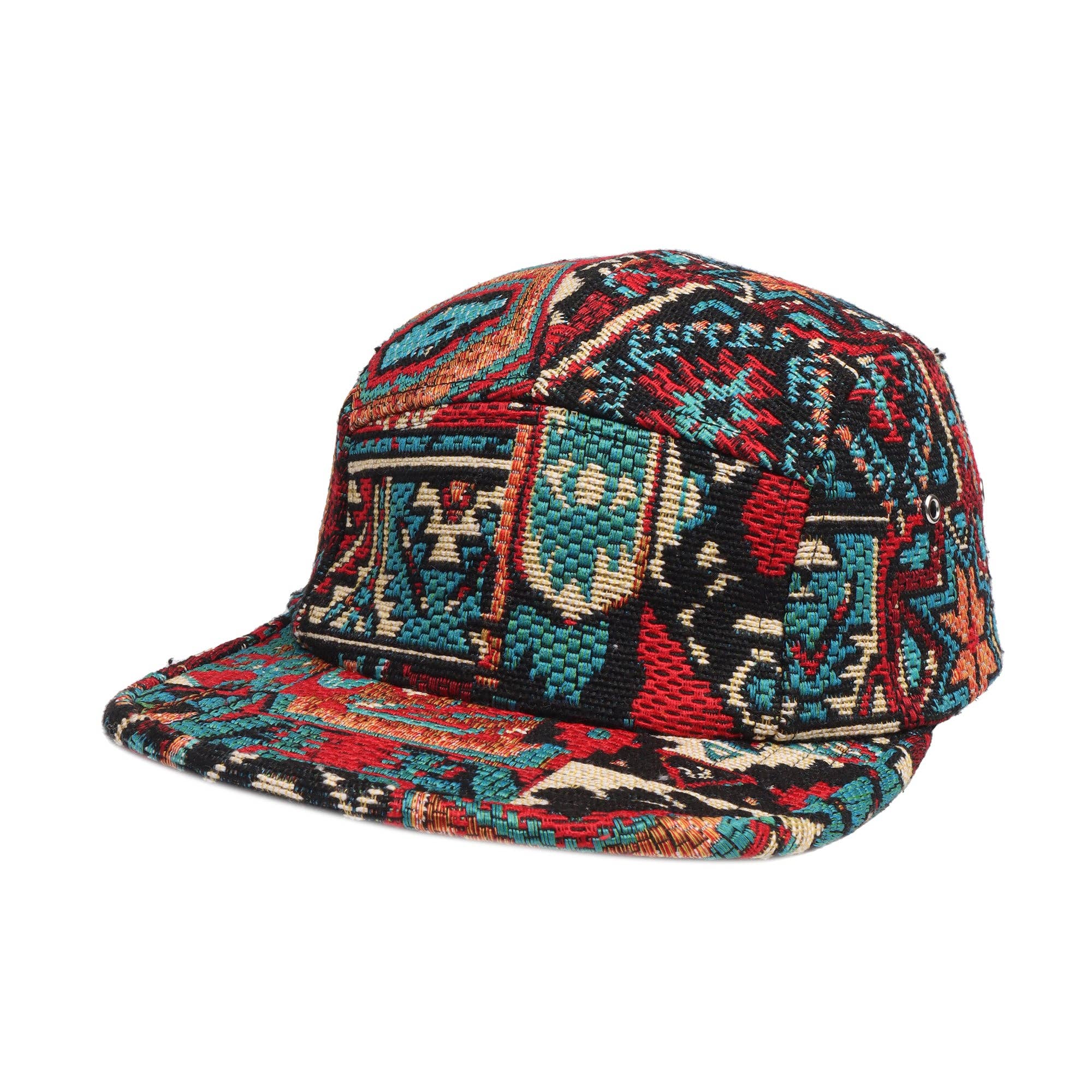 A five panel cap with teal and red tapestry 