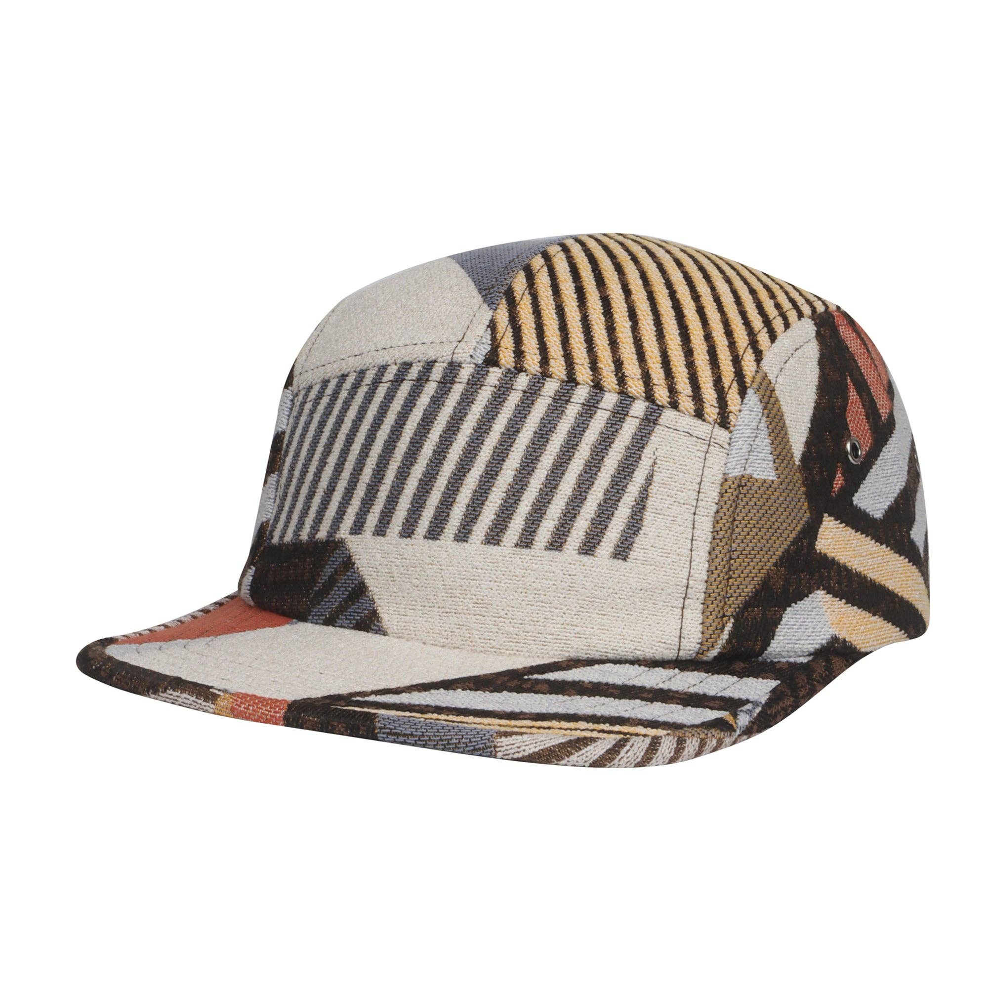 A patterned five-panel cap with geometric shapes in muted Colors