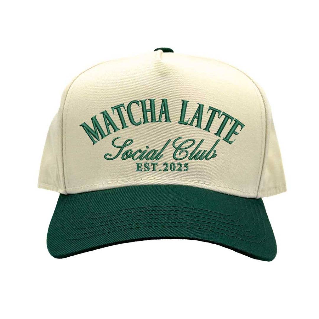 Embroidered Matcha Latte Social Club snapback hat with green brim and adjustable fit